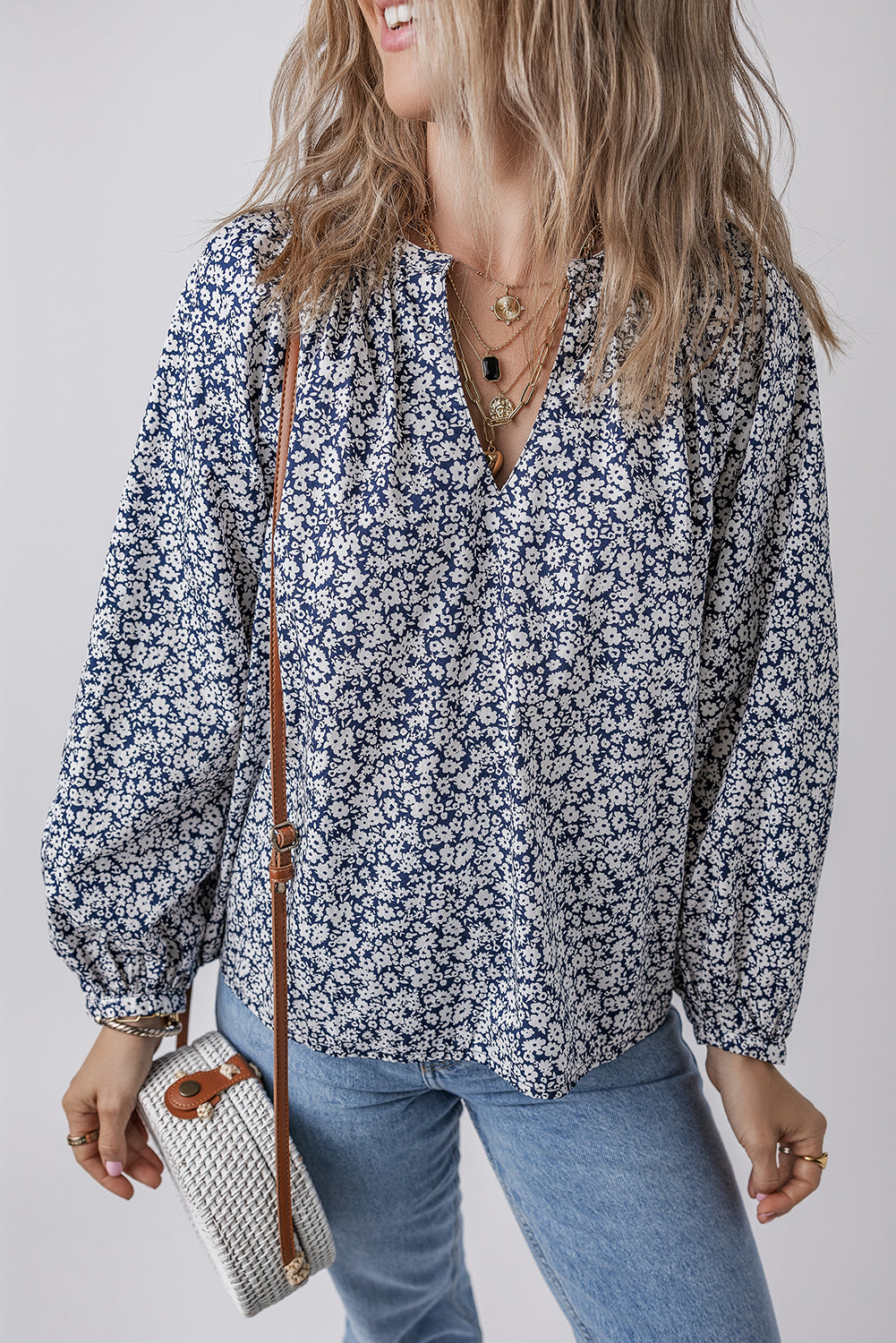 Floral Print Notched V Neck Puff Sleeve Blouse for Women