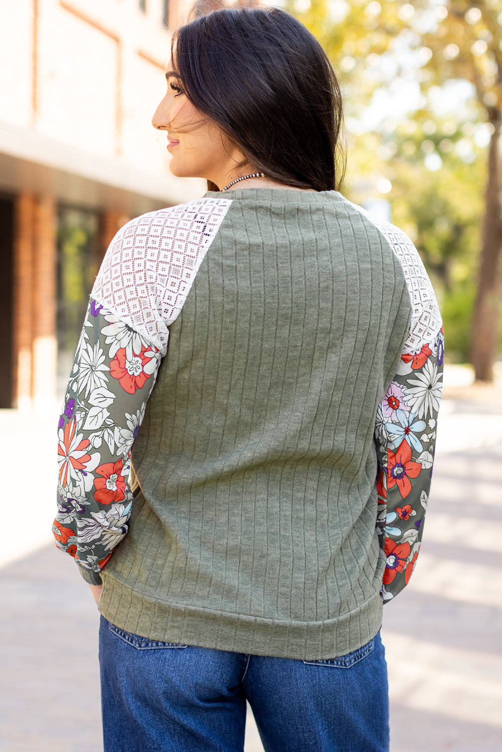 Long Sleeve Ribbed Blouse with Floral Patchwork Detail