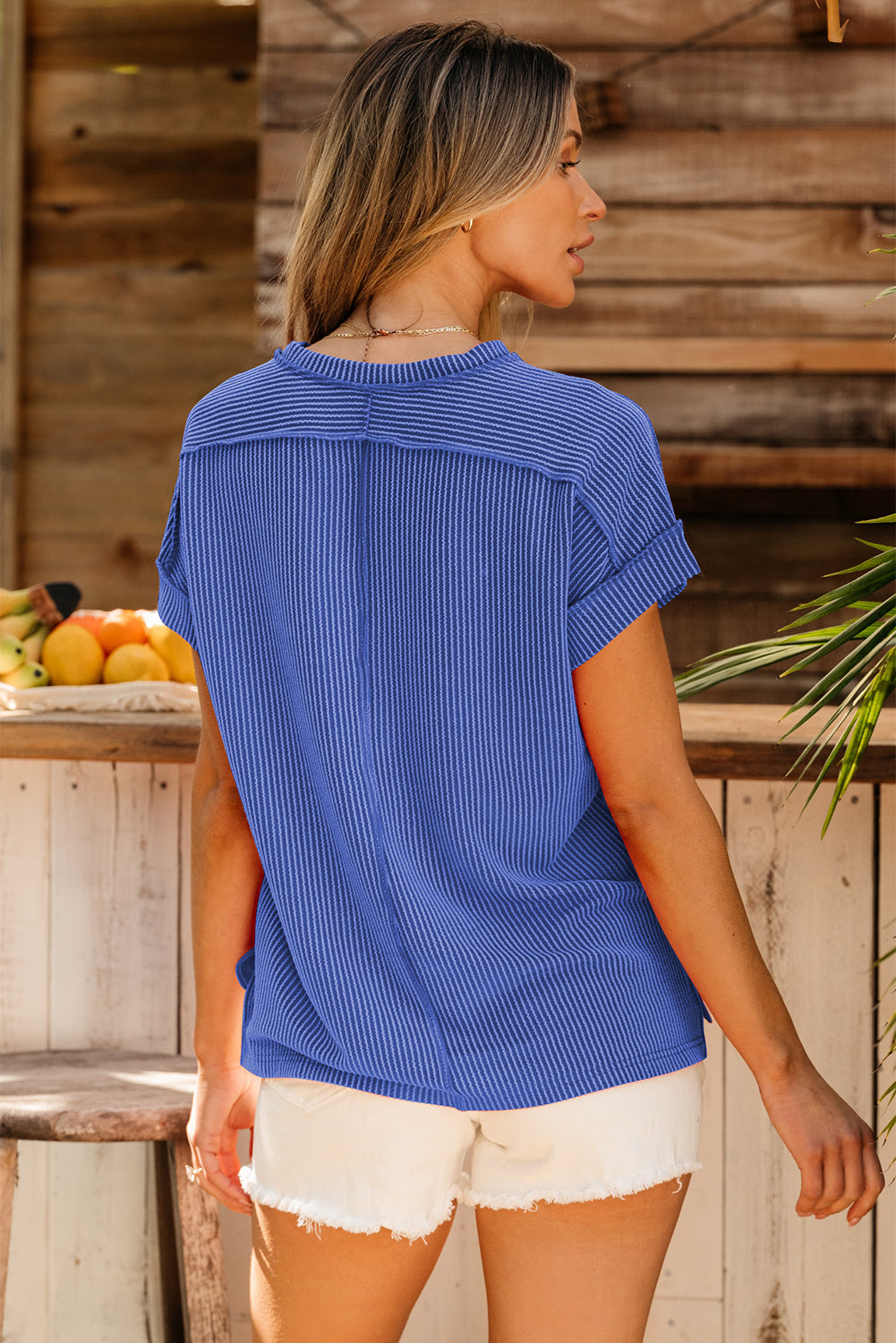 Textured Knit T-shirt with Exposed Stitching and Short Sleeves
