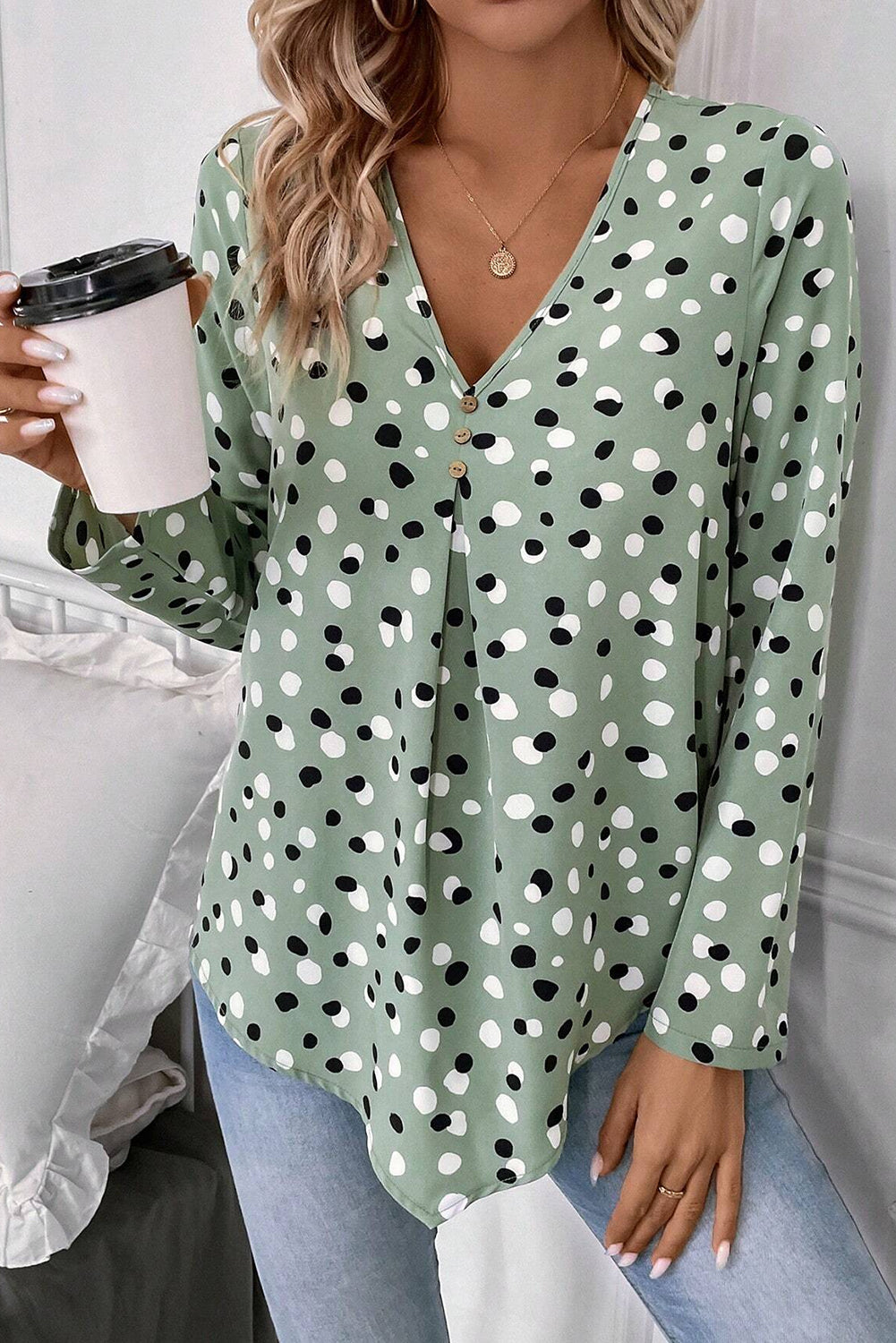 Polka Dot Print Button Front V Neck Blouse with Long Sleeves