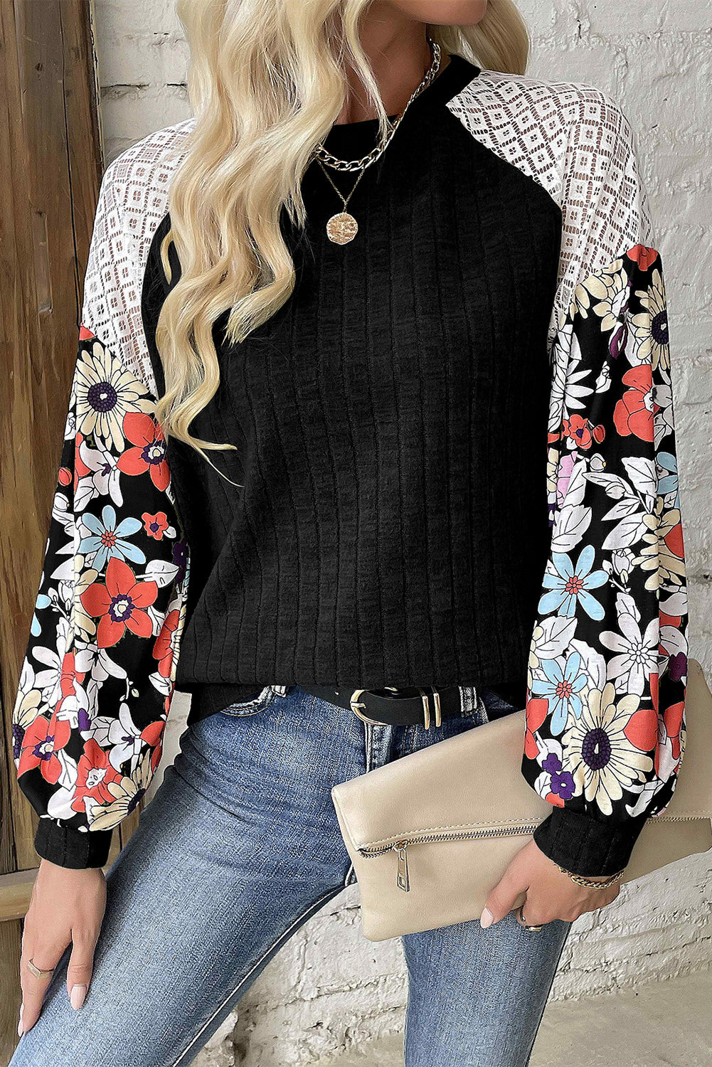 Long Sleeve Ribbed Blouse with Floral Patchwork Detail