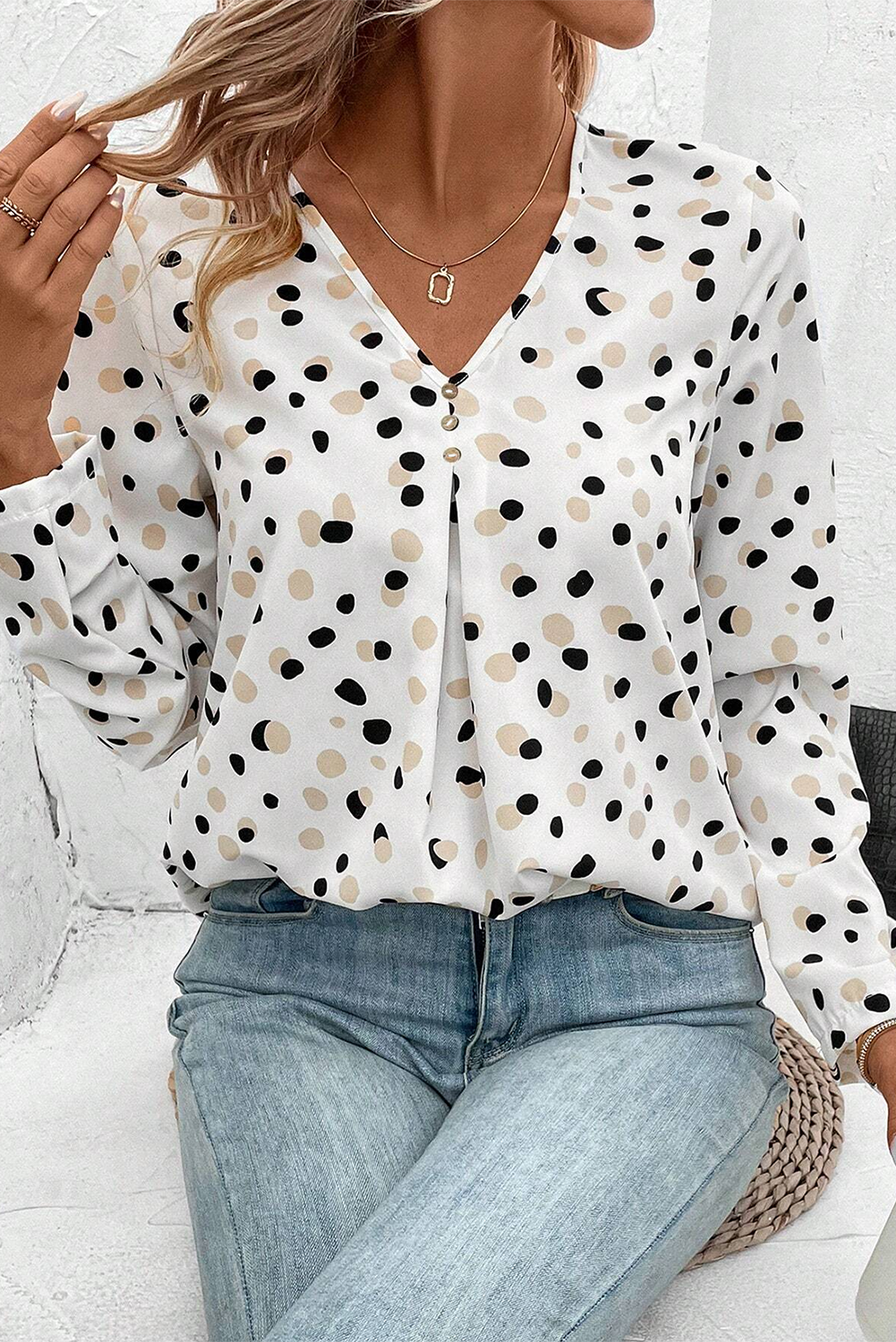 Polka Dot Print Button Front V Neck Blouse with Long Sleeves