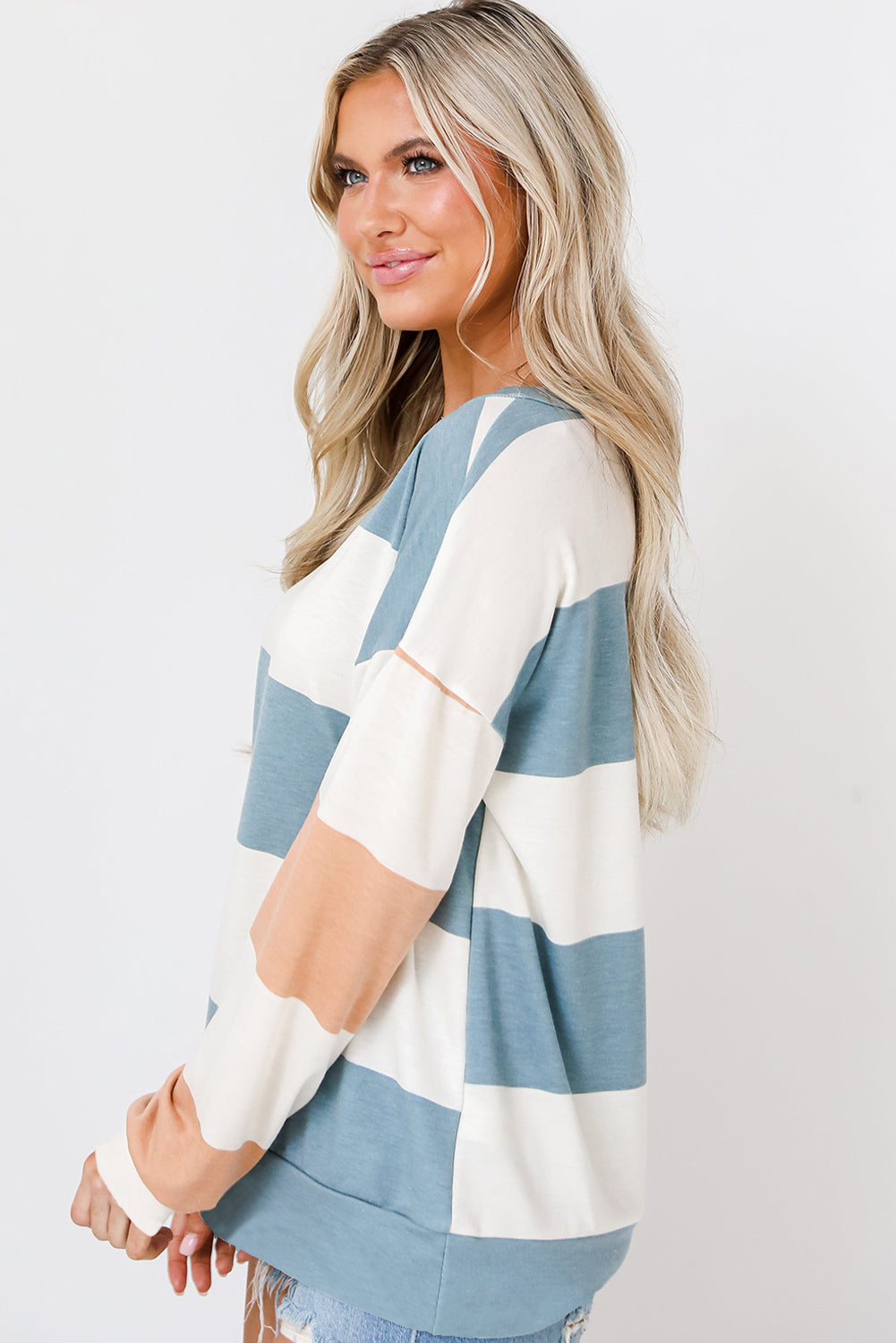 Striped Colorblock Drop Shoulder Long Sleeve Women's Top