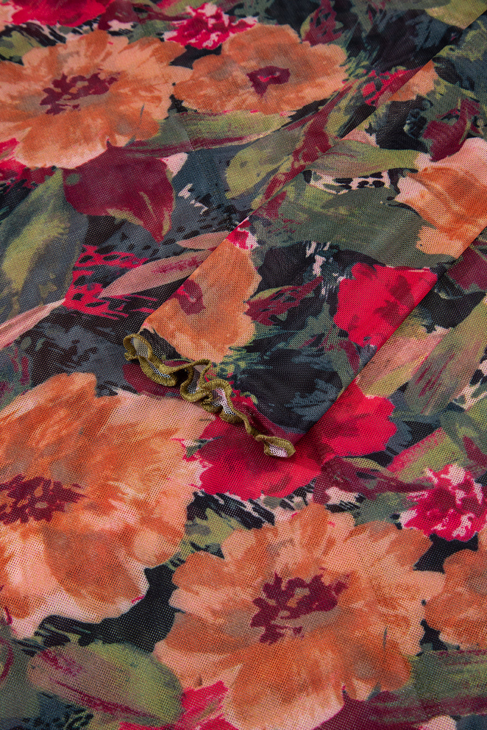 Long Sleeve Floral Print Mesh Top with Lettuce Trim