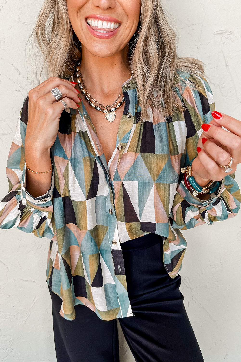 Geometric Print Buttoned Balloon Sleeve Loose Fit Women's Shirt