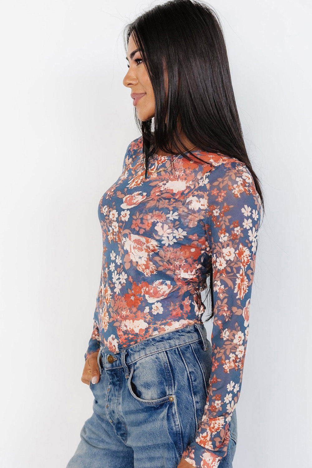 Mesh Fitted Long Sleeve Floral Print Top for Women