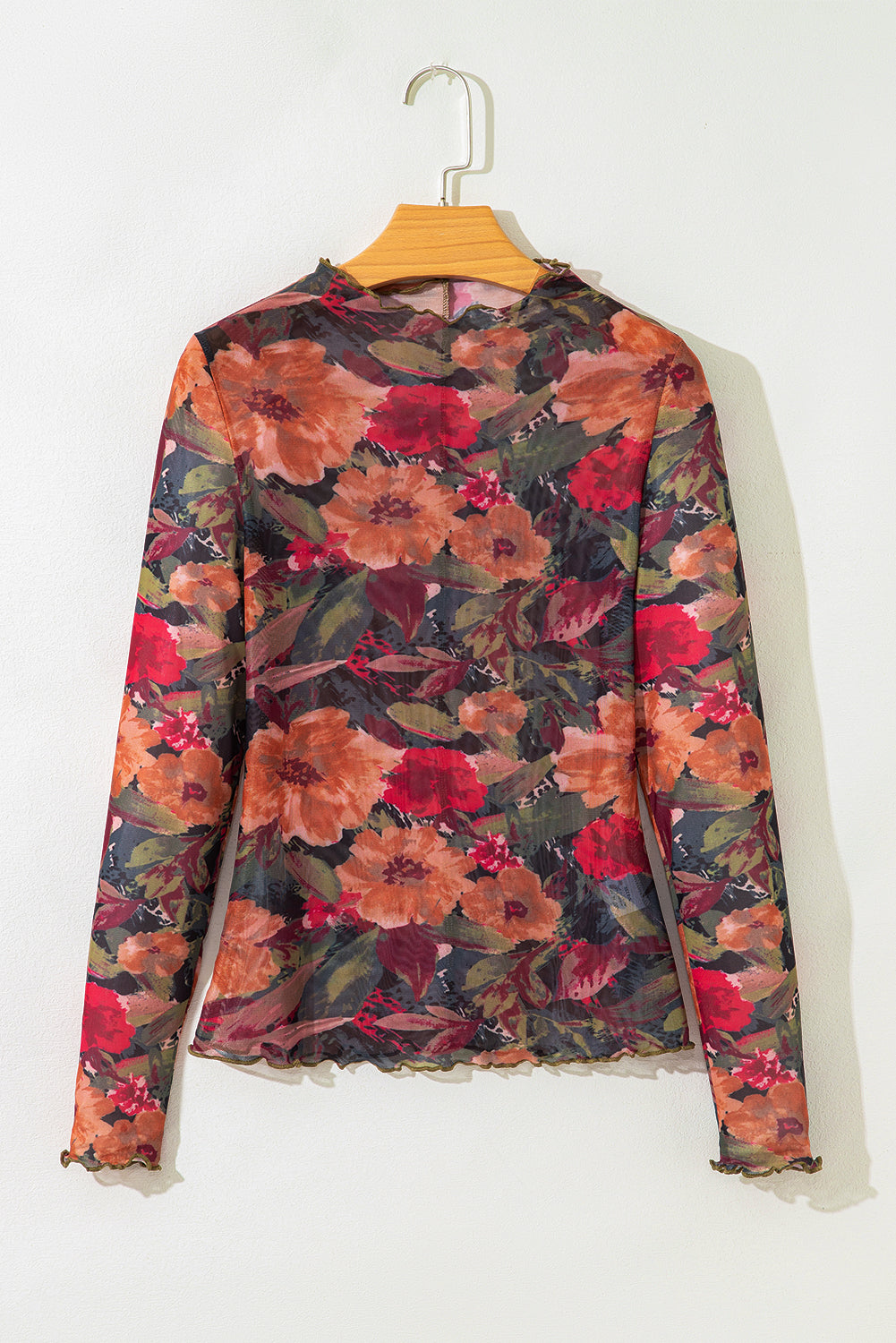 Long Sleeve Floral Print Mesh Top with Lettuce Trim