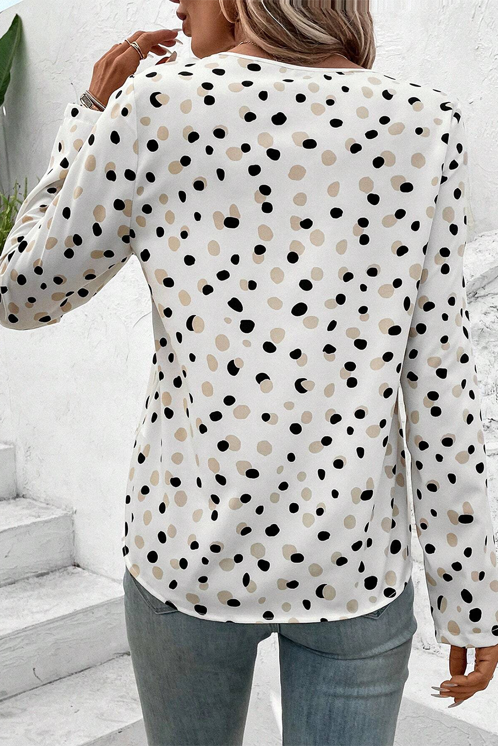 Polka Dot Print Button Front V Neck Blouse with Long Sleeves